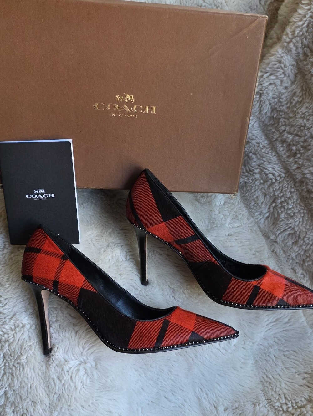 🍒NIB🍒 COACH PLAID CALF HAIR STUDDED STILETTOS